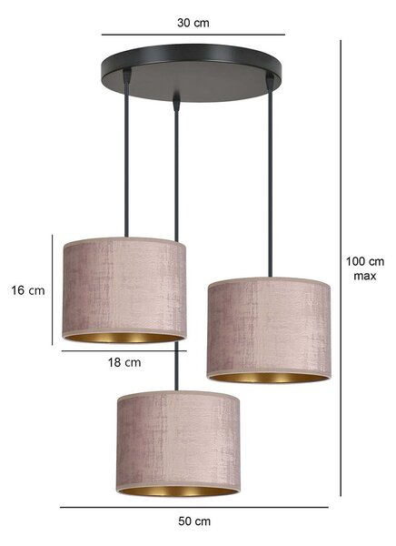 Lampadario Tondo 3 Luci Vinayaka Acciaio Nero E Paralumi In Tessuto Rosa