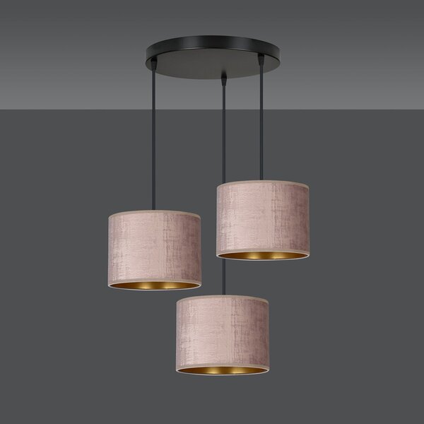 Lampadario Tondo 3 Luci Vinayaka Acciaio Nero E Paralumi In Tessuto Rosa