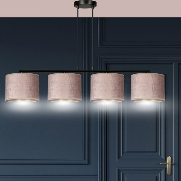 Lampadario 4 Luci Vinayaka In Acciaio Nero E Paralumi In Tessuto Rosa