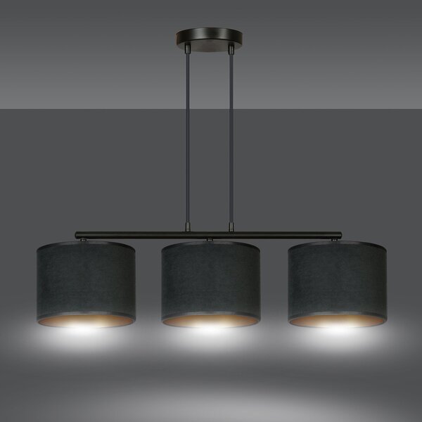 Lampadario 3 Luci Vinayaka In Acciaio Nero E Paralumi In Tessuto Nero