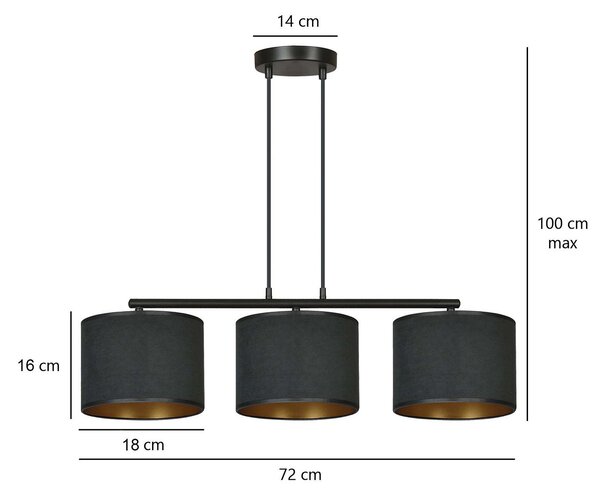 Lampadario 3 Luci Vinayaka In Acciaio Nero E Paralumi In Tessuto Nero