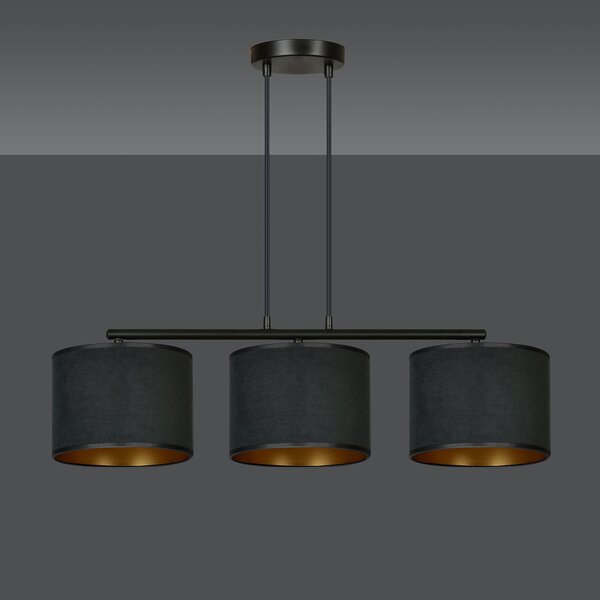 Lampadario 3 Luci Vinayaka In Acciaio Nero E Paralumi In Tessuto Nero