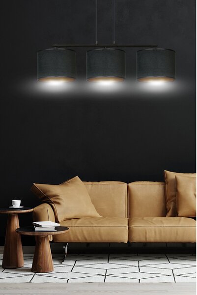 Lampadario 3 Luci Vinayaka In Acciaio Nero E Paralumi In Tessuto Nero