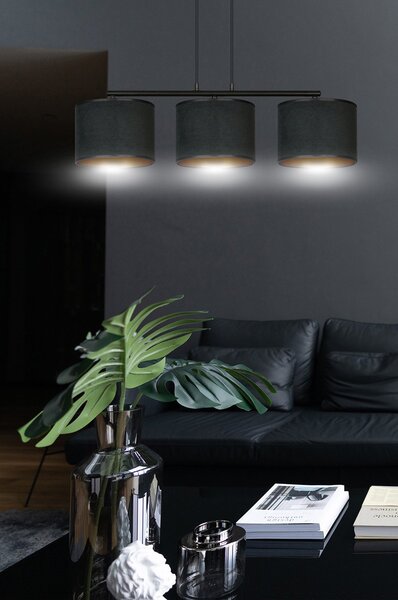 Lampadario 3 Luci Vinayaka In Acciaio Nero E Paralumi In Tessuto Nero