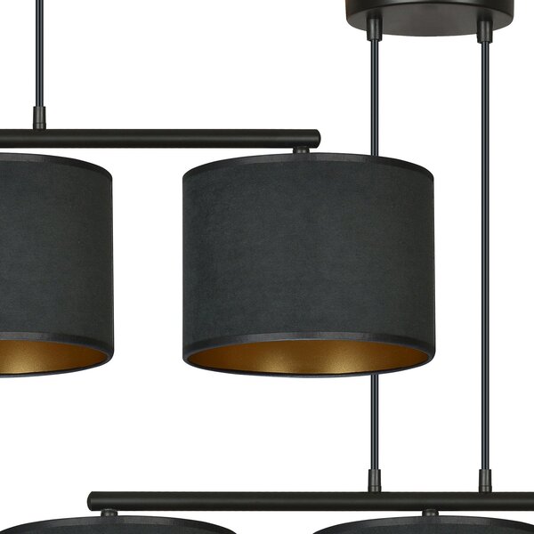 Lampadario 3 Luci Vinayaka In Acciaio Nero E Paralumi In Tessuto Nero
