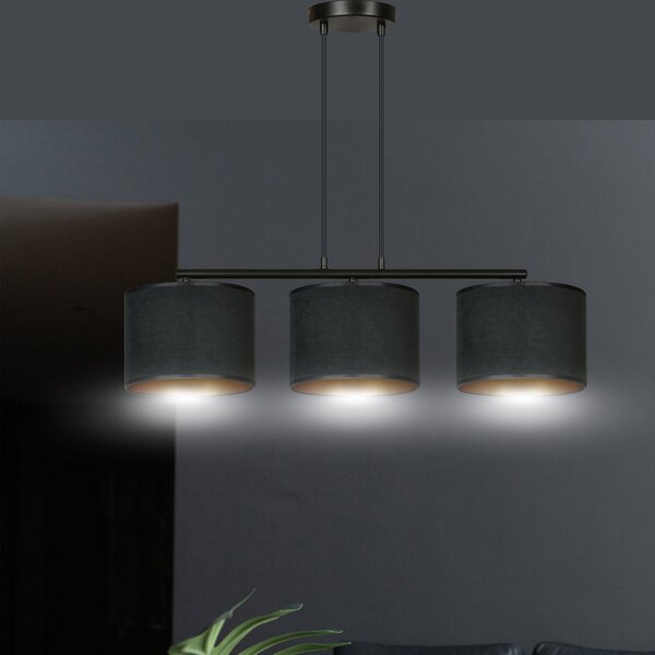 Lampadario 3 Luci Vinayaka In Acciaio Nero E Paralumi In Tessuto Nero
