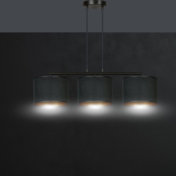 Lampadario 3 Luci Vinayaka In Acciaio Nero E Paralumi In Tessuto Nero