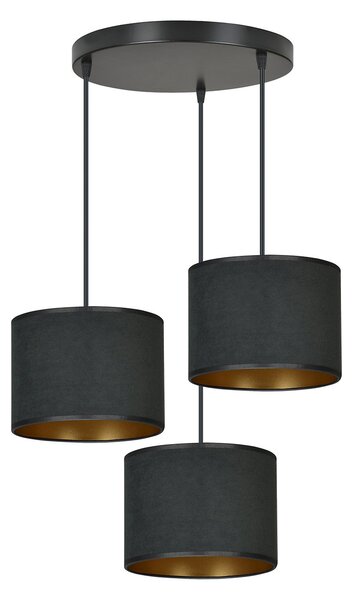 Lampadario Tondo 3 Luci Vinayaka Acciaio Nero E Paralumi In Tessuto Nero