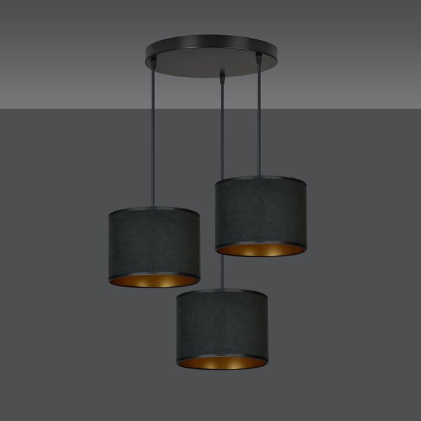 Lampadario Tondo 3 Luci Vinayaka Acciaio Nero E Paralumi In Tessuto Nero