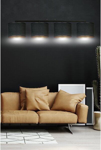Lampadario 4 Luci Vinayaka In Acciaio Nero E Paralumi In Tessuto Nero