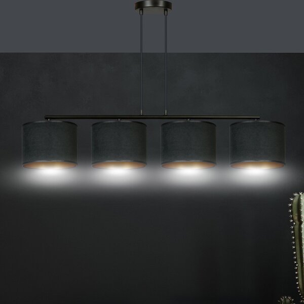 Lampadario 4 Luci Vinayaka In Acciaio Nero E Paralumi In Tessuto Nero