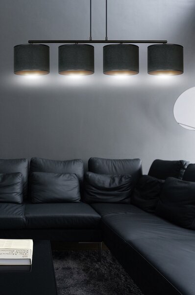 Lampadario 4 Luci Vinayaka In Acciaio Nero E Paralumi In Tessuto Nero