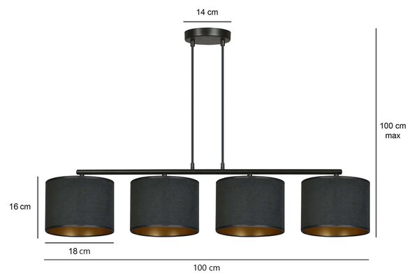 Lampadario 4 Luci Vinayaka In Acciaio Nero E Paralumi In Tessuto Nero