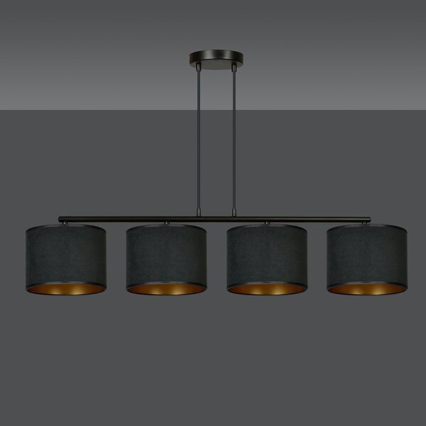 Lampadario 4 Luci Vinayaka In Acciaio Nero E Paralumi In Tessuto Nero
