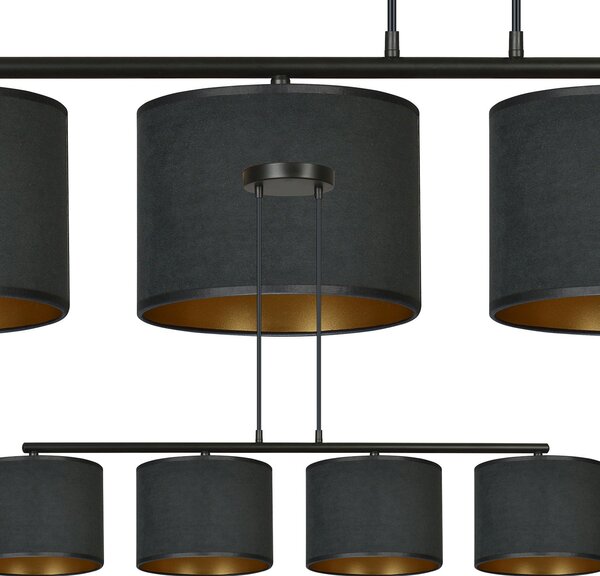 Lampadario 4 Luci Vinayaka In Acciaio Nero E Paralumi In Tessuto Nero