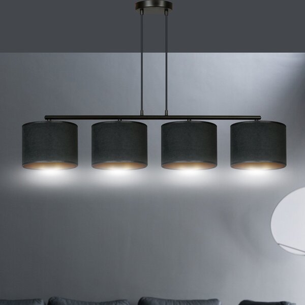 Lampadario 4 Luci Vinayaka In Acciaio Nero E Paralumi In Tessuto Nero