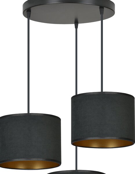 Lampadario Tondo 3 Luci Vinayaka Acciaio Nero E Paralumi In Tessuto Nero