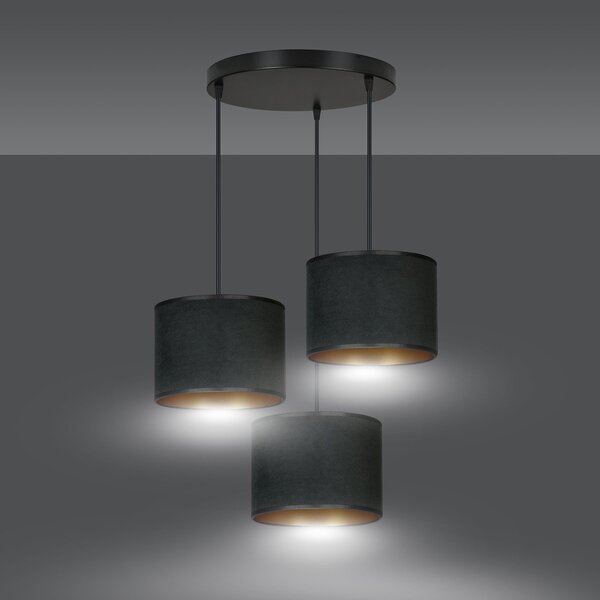 Lampadario Tondo 3 Luci Vinayaka Acciaio Nero E Paralumi In Tessuto Nero