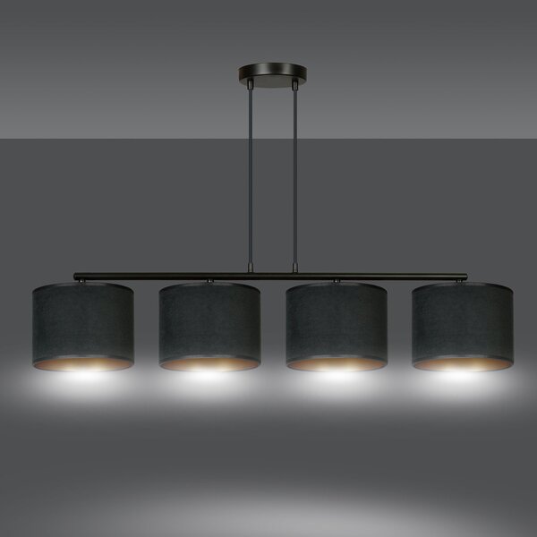 Lampadario 4 Luci Vinayaka In Acciaio Nero E Paralumi In Tessuto Nero