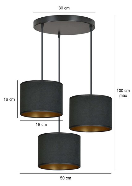 Lampadario Tondo 3 Luci Vinayaka Acciaio Nero E Paralumi In Tessuto Nero
