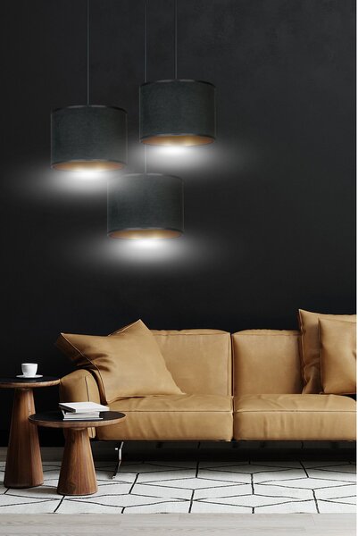 Lampadario Tondo 3 Luci Vinayaka Acciaio Nero E Paralumi In Tessuto Nero