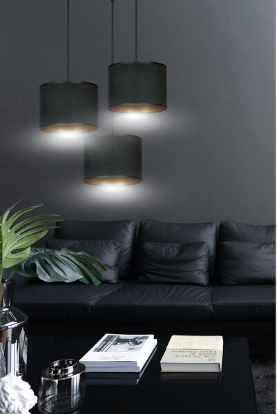 Lampadario Tondo 3 Luci Vinayaka Acciaio Nero E Paralumi In Tessuto Nero