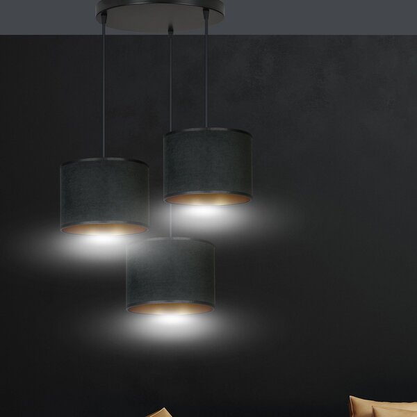 Lampadario Tondo 3 Luci Vinayaka Acciaio Nero E Paralumi In Tessuto Nero