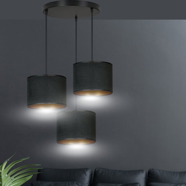 Lampadario Tondo 3 Luci Vinayaka Acciaio Nero E Paralumi In Tessuto Nero