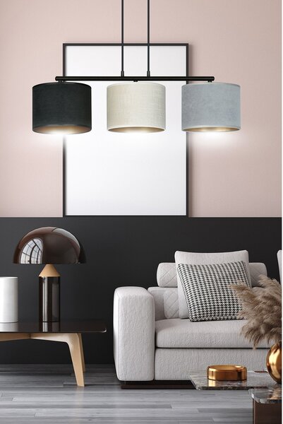 Lampadario 3 Luci Vinayaka Acciaio Nero E Paralumi In Tessuto Multicolore
