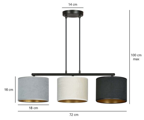 Lampadario 3 Luci Vinayaka Acciaio Nero E Paralumi In Tessuto Multicolore