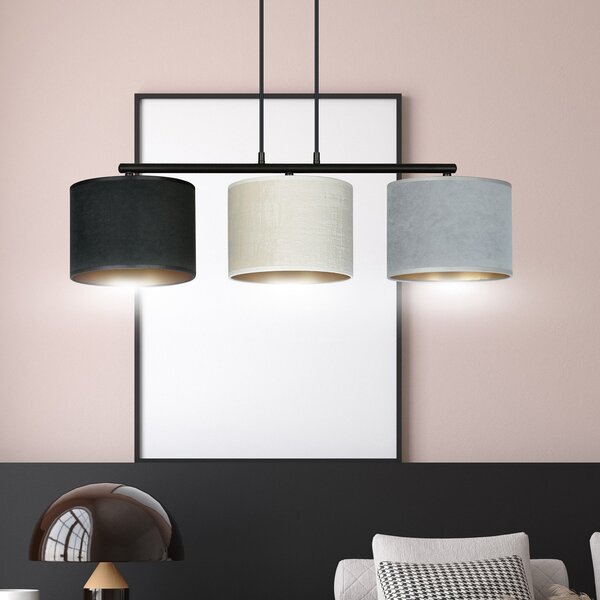 Lampadario 3 Luci Vinayaka Acciaio Nero E Paralumi In Tessuto Multicolore