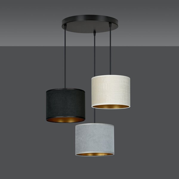 Lampadario Tondo 3 Luci Vinayaka Acciaio Nero Paralumi In Tessuto Multicolore
