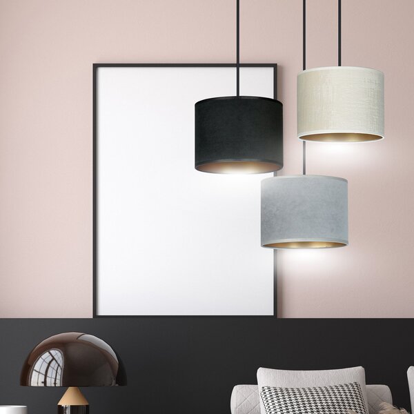 Lampadario Tondo 3 Luci Vinayaka Acciaio Nero Paralumi In Tessuto Multicolore