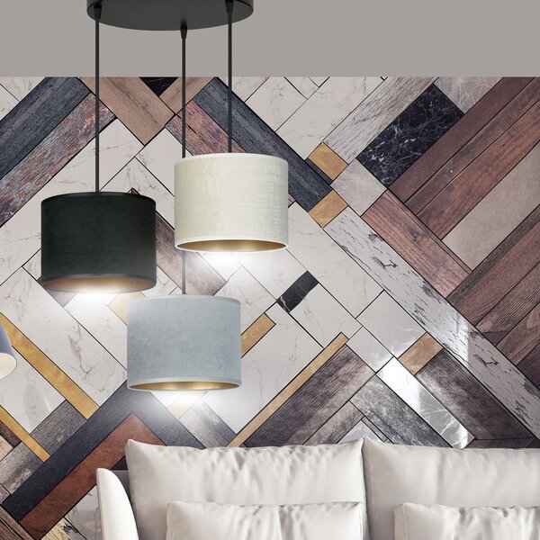 Lampadario Tondo 3 Luci Vinayaka Acciaio Nero Paralumi In Tessuto Multicolore