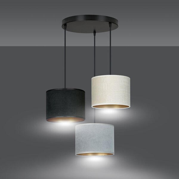 Lampadario Tondo 3 Luci Vinayaka Acciaio Nero Paralumi In Tessuto Multicolore