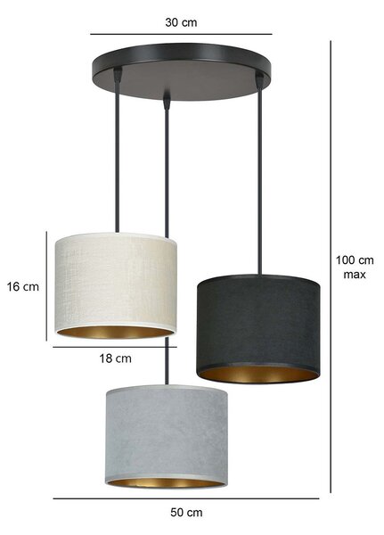 Lampadario Tondo 3 Luci Vinayaka Acciaio Nero Paralumi In Tessuto Multicolore