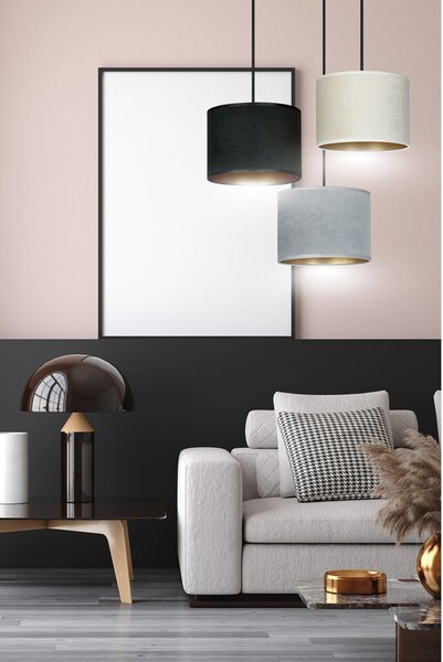 Lampadario Tondo 3 Luci Vinayaka Acciaio Nero Paralumi In Tessuto Multicolore