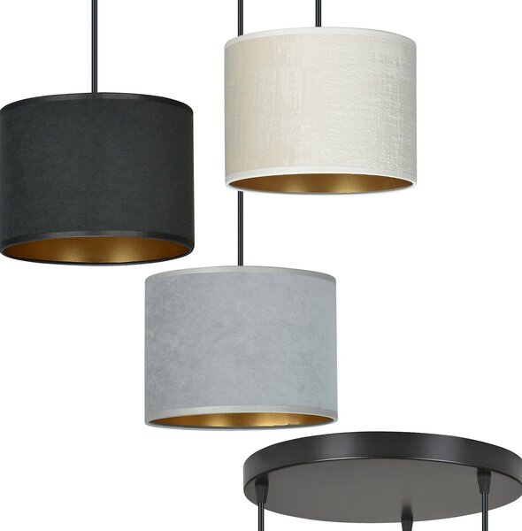 Lampadario Tondo 3 Luci Vinayaka Acciaio Nero Paralumi In Tessuto Multicolore