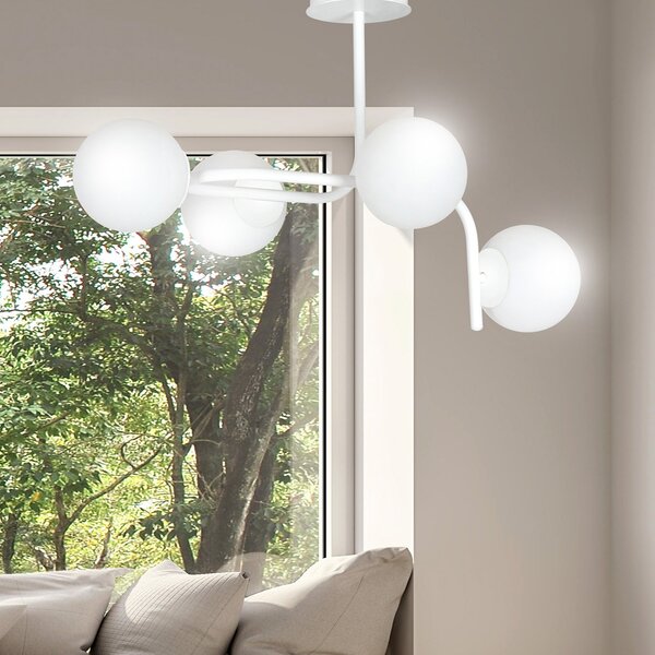 Lampadario 4 Luci Ramachandra Acciaio Bianco A Bracci Curvi Sfere Vetro Opalino