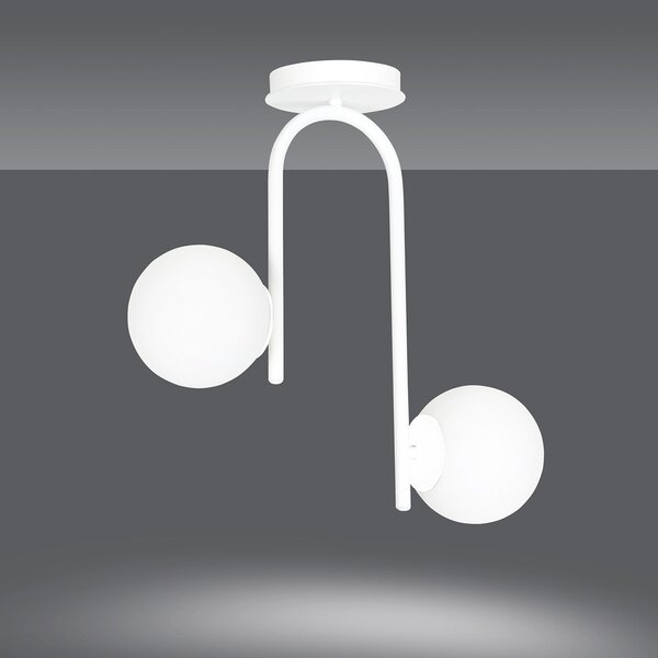 Lampadario 2 Luci Ramachandra Acciaio Bianco A Bracci E Sfere In Vetro Opalino