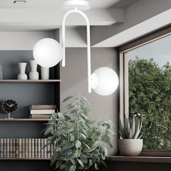 Lampadario 2 Luci Ramachandra Acciaio Bianco A Bracci E Sfere In Vetro Opalino