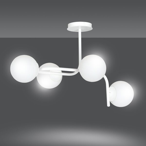 Lampadario 4 Luci Ramachandra Acciaio Bianco A Bracci Curvi Sfere Vetro Opalino