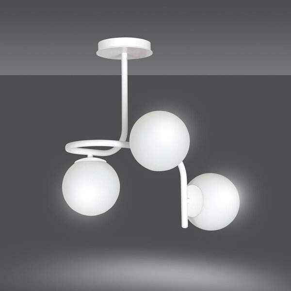 Lampadario 3 Luci Ramachandra Acciaio Bianco A Bracci E Sfere In Vetro Opalino