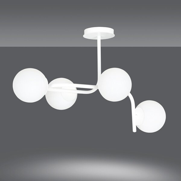 Lampadario 4 Luci Ramachandra Acciaio Bianco A Bracci Curvi Sfere Vetro Opalino