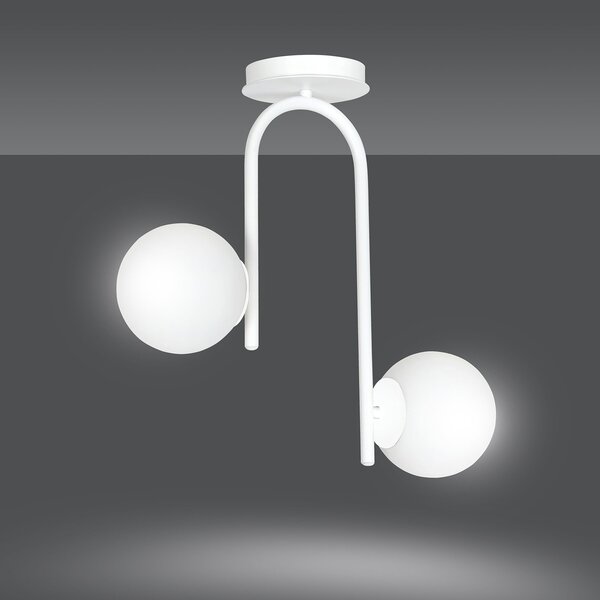 Lampadario 2 Luci Ramachandra Acciaio Bianco A Bracci E Sfere In Vetro Opalino