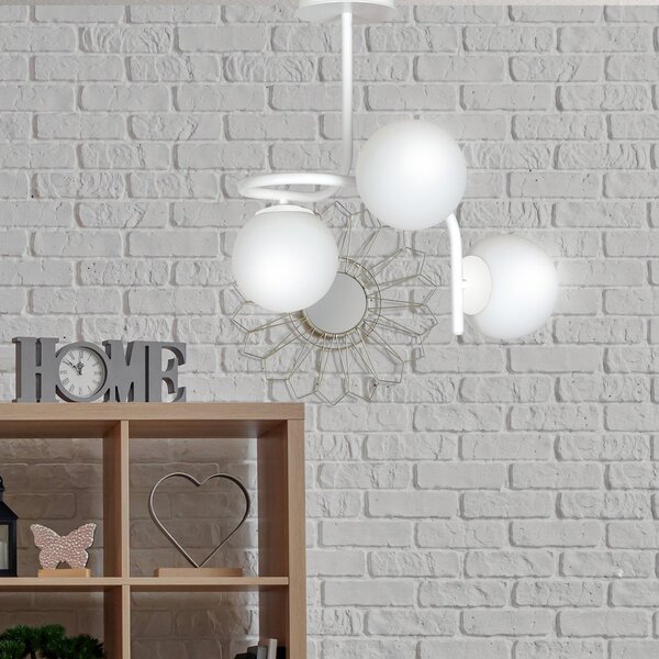 Lampadario 3 Luci Ramachandra Acciaio Bianco A Bracci E Sfere In Vetro Opalino