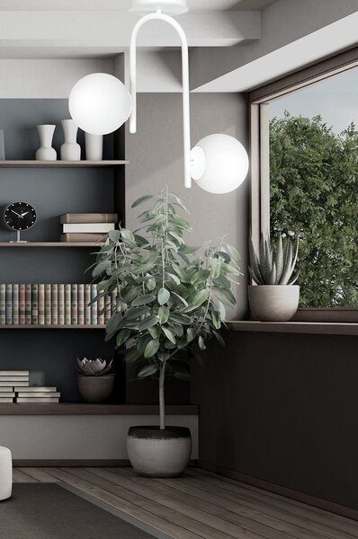 Lampadario 2 Luci Ramachandra Acciaio Bianco A Bracci E Sfere In Vetro Opalino