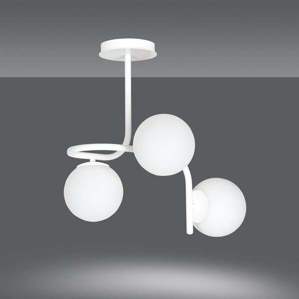 Lampadario 3 Luci Ramachandra Acciaio Bianco A Bracci E Sfere In Vetro Opalino