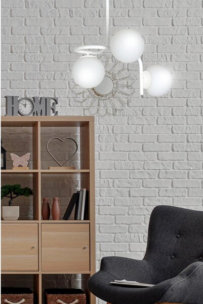 Lampadario 3 Luci Ramachandra Acciaio Bianco A Bracci E Sfere In Vetro Opalino