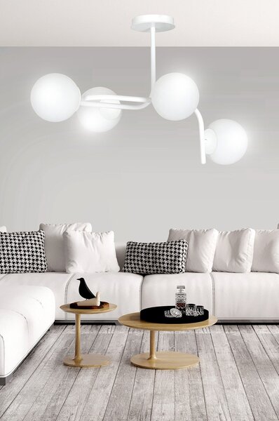 Lampadario 4 Luci Ramachandra Acciaio Bianco A Bracci Curvi Sfere Vetro Opalino